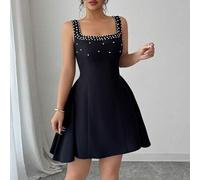 Shein Vestido corto elegante y romántico sin mangas con cuello cuadrado, lazo, rhinestones y perlas falsas en la cintura y silueta evasé para mujeres