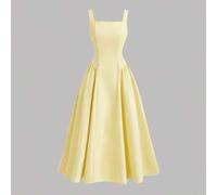Shein Vestido corto mini de gasa amarillo claro elegante con tirantes finos y lazo anudado para fiesta, nuevo para primavera/verano, vestido corto fluido es