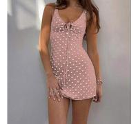 Shein Vestido corto mini de mujer con estampado de lunares, cortes y lazada, de estilo elegante, retro y adecuado para vacaciones y festivales de música, de
