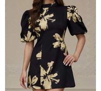 Shein Vestido corto minimalista de mujer con mangas de pétalos, cintura ceñida y estilo elegante de nobleza francesa en color negro de alta gama con contras