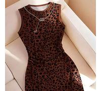 Shein Vestido corto sin mangas de estilo casual y de moda para niñas con estampado de leopardo salvaje, diseño de estampado de calle americana, vestido de t