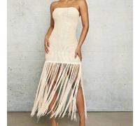 Shein Vestido crochet de maxi tamaño largo tipo coverup de lino en color albaricoque sin tirantes, para primavera y verano, vacaciones y playa, con mini ves