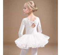 Shein Vestido de ballet para niñas con falda de tul de manga larga rosa, vestido de danza con lazo hueco en la espalda, ropa deportiva de danza