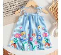 Shein Vestido de bebé niña con estampado floral completo, tirantes y lazo, elegante y fresco, vestido azul a rayas para niña pequeña, vestido floral para ni