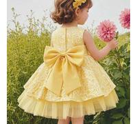 Shein Vestido de bebé niña de tela jacquard amarilla con dobladillo con cola, decoración de lazo en la espalda, adecuado para fiesta de cumpleaños, invitada
