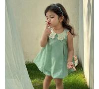Shein Vestido de burbuja sin mangas para bebé/niña con cuello Peter Pan y bordado floral elegante, adecuado para primavera/verano