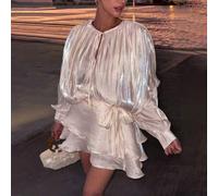 Shein Vestido de camisa con cuello de volantes con lazo, de doble capa con mangas farol, estilo gótico sexy para Halloween, no incluye cinturón