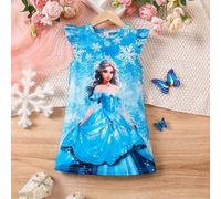 Shein Vestido de camiseta de manga corta con estampado de linda princesa de hielo de dibujos animados, informal y azul para niña joven, cómodo y transpirabl