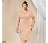 Shein Vestido de cóctel ajustado con escote en V con lentejuelas, encaje floral completo, contraste de strass, hebilla fruncida, para fiesta, invitada de bo