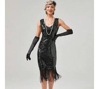 Shein Vestido de cóctel con cuello en V, con cuentas y flecos, estilo Harlem Nights de los años 20, para mujer