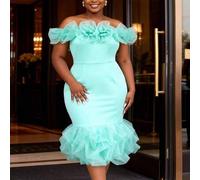 Shein Vestido de cóctel de fiesta de boda elegante con parche de malla y flores 3D para mujer de talla grande, con un hombro y volantes en el bajo, estilo s