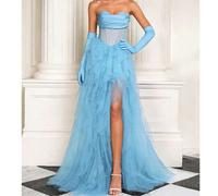 Shein Vestido de cóctel ligero de malla negra con cola de pez francesa, elegante vestido de princesa sin tirantes para fiesta de cumpleaños, encantador y se