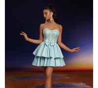 Shein Vestido de cóctel sin tirantes de encaje bordado con decoración de lazo 3D, adecuado para bailes formales, fiestas y eventos
