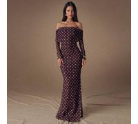 Shein Vestido de cola de pez de manga larga con hombros descubiertos y lunares marrones para mujeres, adecuado para fiestas de cóctel, citas románticas, cap