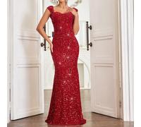 Shein Vestido de cola de sirena con cuello de corazón y decoración con lentejuelas para mujer, ropa para fiesta de Año Nuevo, conjunto de vestido largo para