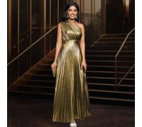 Shein Vestido de cuello asimétrico con dobladillo plisado y acabado metálico, elegante y formal para noche, baile de graduación, invitada de boda, graduació