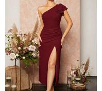 Shein Vestido de dama de honor con cuello asimétrico, fruncido y abertura en el muslo en color rojo burdeos, vestido de invitada de boda, vestido de cóctel