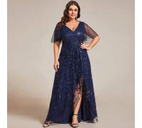 Shein Vestido de dama de honor con escote pronunciado, detalles de lentejuelas, abertura lateral y talla grande. Elegante y formal para eventos de noche, ce