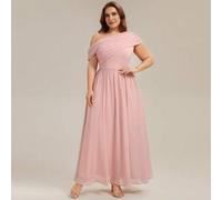Shein Vestido de dama de honor de gasa de cuello asimétrico talla grande, elegante vestido de fiesta de primavera/verano para boda en color rosa