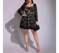 Shein Vestido de encaje de línea A con cuello cuadrado y cintura ceñida para otoño, talla grande