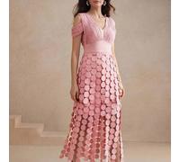 Shein Vestido de encaje de manga larga elegante nuevo para mujer, vestido de fiesta de encaje floral con cuello en V y círculo, vestido de verano con flecos