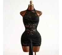 Shein Vestido de encaje negro estilo resort de verano, sexy con calados, ajuste ceñido & favorecedor de la figura, longitud mini, elegante & sofisticado