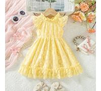Shein Vestido de encaje para niña, con un delicado patrón de recortes florales en amarillo suave, cuello alto con volantes, mangas abullonadas, falda de vol