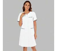 Shein Vestido de enfermera de cuello redondo, manga corta, con bolsillo y apertura frontal para mujeres, uniforme de trabajo para dentistas, personal de sal