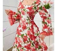 Shein Vestido de estilo árabe con atadura a la cintura y ribete de malla estampada para mujeres, primavera/verano