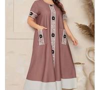 Shein Vestido de estilo árabe con bolsillo, cuello redondo, manga corta y estampado geométrico para mujer de talla grande, para vacaciones de primavera