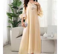 Shein Vestido de estilo árabe con cuello en V, bordado floral, mangas con volantes en capas para mujer, primavera/verano