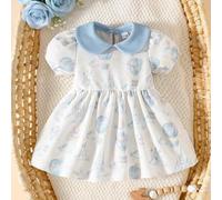 Shein Vestido de estilo de cuento de hadas para recién nacidos, diseño de cuello Peter Pan + manga corta, falda con estampado de castillo de globo aerostáti