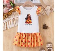 Shein Vestido de estilo princesa de patchwork para niñas en el Medio Oriente durante el Ramadán, con Body principal blanco, base amarilla y contraste de ros