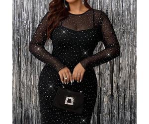 Shein Vestido de fiesta ajustado de talla grande con lentejuelas y malla, con tirantes finos