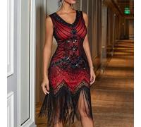 Shein Vestido de fiesta ceñido sin mangas con cuello en V, bajo asimétrico con flecos y patrón geométrico brillante de lentejuelas con estilo vintage de los