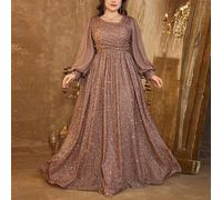 Shein Vestido de fiesta con cuello oblicuo, mangas de linterna brillante, cintura fruncida y fluido con lentejuelas, vestido de novia, atuendo de cumpleaños