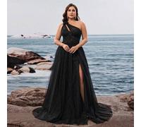 Shein Vestido de fiesta de lujo con corsé de hombro único, tul con brillo, cintura alta, elegante, con parche floral, sin mangas, largo, semi-transparente,