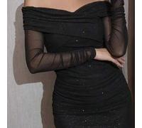 Shein Vestido de fiesta de manga larga con hombros descubiertos, sexy, de un solo color, vestido de noche escotado sin tirantes para adulto