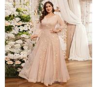 Shein Vestido de fiesta de noche con cuello en V profundo, encaje floral con lentejuelas, contraste de malla, volantes de sirena, para fiesta, elegante, gra