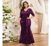 Shein Vestido de fiesta de noche de satén con volantes y encaje floral con lentejuelas, cuello en V, bajo tipo cola de sirena, para invitadas de boda, gradu