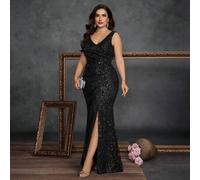 Shein Vestido de fiesta de talla grande elegante y de alta calidad con diseño de cola de sirena con lentejuelas elásticas, cuello en V, abertura lateral, di