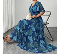 Shein Vestido de fiesta elegante con cuello en V, cintura fruncida y estampado floral para mujer de talla grande. Tiendas de ropa de mujer de talla grande e
