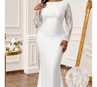 Shein Vestido de fiesta elegante de encaje y parches de talla grande con cola de pez / Vestido de fiesta de manga larga blanco para noche elegante, vestido