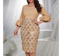 Shein Vestido de fiesta elegante de manga abullonada con lentejuelas color champán, flecos y empalmes, vestido de cóctel para fiestas semiformales, para cum