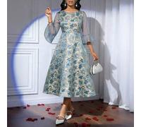 Shein Vestido de fiesta elegante de mujer con cuello redondo, parche de malla jacquard, cintura ceñida, vestido midi azul para graduación, vestidos elegante