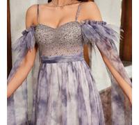 Shein Vestido de fiesta elegante de tul largo hecho a mano, vestido de gala de lujo con cuentas para mujeres para bodas, banquetes, vestidos de invitada de