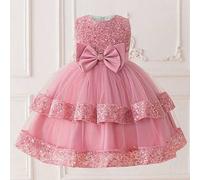 Shein Vestido de fiesta elegante para niñas con cuello redondo, lentejuelas, corbata de moño y tul, adecuado para fiestas y celebraciones festivas. No inclu