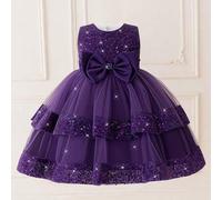 Shein Vestido de fiesta elegante para niñas con cuello redondo, lentejuelas, corbata de moño y tul, adecuado para fiestas y celebraciones, diadema no inclui