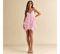 Shein Vestido de fiesta Mama Mia de verano rosa claro para mujer, vestido de vacaciones de gasa lisa con tirantes de hoja de loto y diseño de pastel, ropa p