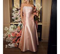 Shein VESTIDO DE FIESTA MAXI SIN TIRANTES AJUSTADO AL Body, TELA RÍGIDA Y BRILLANTE, VESTIDO CON DECORACIONES DE PERLAS FALSAS EN EL PECHO Y DISEÑO DE LAZO